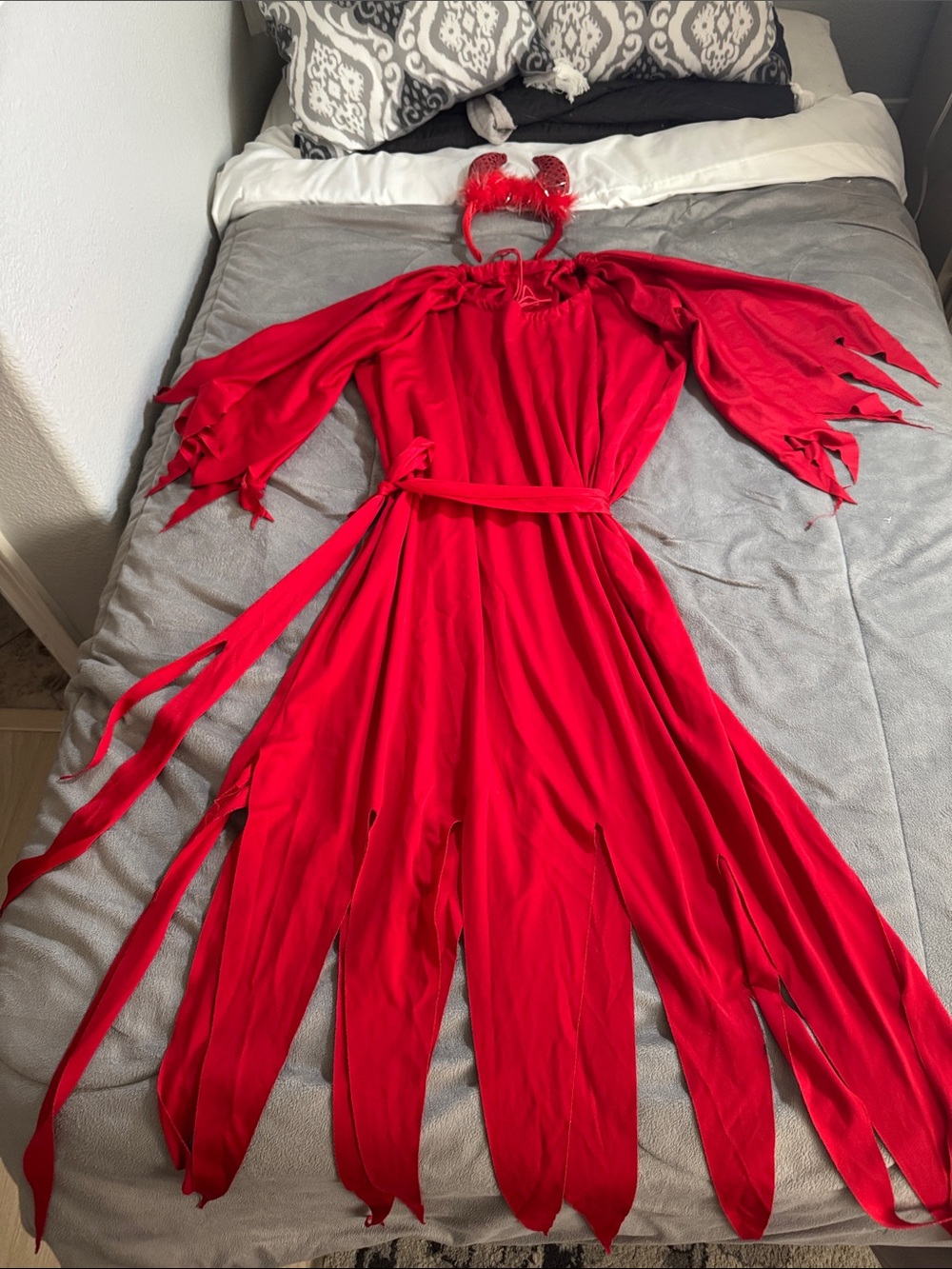 Source Unknown Red Jagged-Hem Devil Dress, horned Feather Headband & belt tail